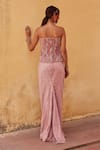 Shop_Label Moni K_Pink Chanderi, Net Sequins, Beads Bandeau Neck Draped Skirt And Corset Set _at_Aza_Fashions