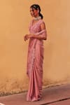 Label Moni K_Pink Satin, Chanderi Embroidery, Lace, Pearls Designer Pre-draped Saree Set _Online_at_Aza_Fashions