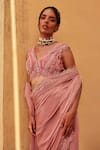 Buy_Label Moni K_Pink Satin, Chanderi Embroidery, Lace, Pearls Designer Pre-draped Saree Set _Online_at_Aza_Fashions