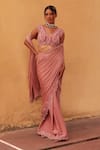 Buy_Label Moni K_Pink Satin, Chanderi Embroidery, Lace, Pearls Designer Pre-draped Saree Set _at_Aza_Fashions