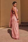 Label Moni K_Pink Chiffon Embroidery, Beads V-neck Designer Pre-draped Saree Set _Online_at_Aza_Fashions