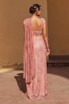 Shop_Label Moni K_Pink Chiffon Embroidery, Beads V-neck Designer Pre-draped Saree Set _at_Aza_Fashions