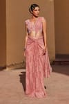 Buy_Label Moni K_Pink Chiffon Embroidery, Beads V-neck Designer Pre-draped Saree Set _at_Aza_Fashions