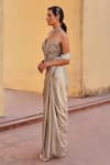 Label Moni K_Silver Sequins, Beads, Embroidery Sweetheart Designer Pre-draped Saree And Blouse _Online_at_Aza_Fashions