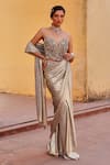 Buy_Label Moni K_Silver Sequins, Beads, Embroidery Sweetheart Designer Pre-draped Saree And Blouse _at_Aza_Fashions