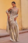 Buy_Label Moni K_Silver Sequins, Beads, Embroidery Sweetheart Designer Pre-draped Saree And Blouse _Online_at_Aza_Fashions