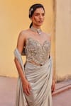 Shop_Label Moni K_Silver Sequins, Beads, Embroidery Sweetheart Designer Pre-draped Saree And Blouse _Online_at_Aza_Fashions