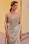 Label Moni K_Silver Sequins, Beads, Embroidery Sweetheart Designer Pre-draped Saree And Blouse _at_Aza_Fashions