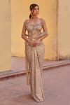 Label Moni K_Gold Net, Chiffon Embroidery, Sequins Scoop Neck Pre-draped Saree Set _Online_at_Aza_Fashions