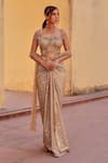 Buy_Label Moni K_Gold Net, Chiffon Embroidery, Sequins Scoop Neck Pre-draped Saree Set _Online_at_Aza_Fashions