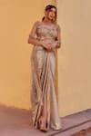 Shop_Label Moni K_Gold Net, Chiffon Embroidery, Sequins Scoop Neck Pre-draped Saree Set _Online_at_Aza_Fashions