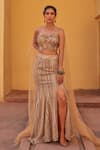 Buy_Label Moni K_Gold Net, Chanderi Sequins, Embroidery, Beads Sweetheart Neck Fusion Lehenga Set _at_Aza_Fashions