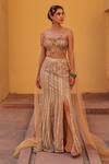 Buy_Label Moni K_Gold Net, Chanderi Sequins, Embroidery, Beads Sweetheart Neck Fusion Lehenga Set _Online_at_Aza_Fashions