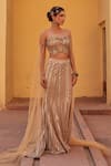 Shop_Label Moni K_Gold Net, Chanderi Sequins, Embroidery, Beads Sweetheart Neck Fusion Lehenga Set _Online_at_Aza_Fashions