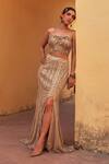 Buy_Label Moni K_Gold Net, Chanderi Sequins, Embroidery, Beads Sweetheart Neck Fusion Lehenga Set 