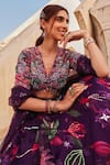 Buy_Label Moni K_Wine Organza Sequins, Embroidery V-neck Printed Lehenga Set _Online_at_Aza_Fashions