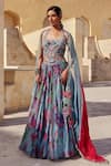 Buy_Label Moni K_Blue Organza Embroidery, Sequins Halter Neck Light Floral Printed Lehenga Set _at_Aza_Fashions
