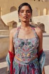 Buy_Label Moni K_Blue Organza Embroidery, Sequins Halter Neck Light Floral Printed Lehenga Set _Online_at_Aza_Fashions