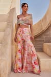 Buy_Label Moni K_Peach Organza Sequins Off-shoulder Embellished Kurta Set _at_Aza_Fashions
