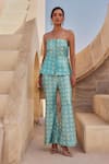 Buy_Label Moni K_Blue Sequins Light Corset And Pant Set _at_Aza_Fashions
