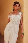 Shop_Label Moni K_Off White Crepe Embroidery Designer Top And Pant Set _Online_at_Aza_Fashions