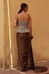 Shop_Label Moni K_Brown Net, Satin Beads, Sequins Corset With Pre-draped Saree _at_Aza_Fashions