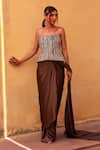 Buy_Label Moni K_Brown Net, Satin Beads, Sequins Corset With Pre-draped Saree _at_Aza_Fashions