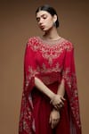 NIRRAAMYAA_Red Crepe Rhinestones Round Neck Embroidered Cape Dhoti Skirt Set _Online_at_Aza_Fashions
