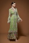 Nirraamyaa_Green Viscose, Georgette Rhinestones V-neck Floral Maxi Dress With Belt _Online_at_Aza_Fashions