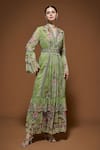 Shop_Nirraamyaa_Green Viscose, Georgette Rhinestones V-neck Floral Maxi Dress With Belt _Online_at_Aza_Fashions