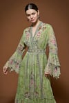 Nirraamyaa_Green Viscose, Georgette Rhinestones V-neck Floral Maxi Dress With Belt _at_Aza_Fashions