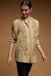 Buy_Nirraamyaa_Beige Crepe Rhinestones Mandarin Collar Floral Print Designer Shirt 