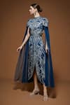 NIRRAAMYAA_Blue Crepe Rhinestones High Neck Designer Midi Dress With Belt _Online_at_Aza_Fashions