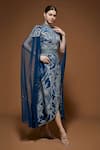 Shop_NIRRAAMYAA_Blue Crepe Rhinestones High Neck Designer Midi Dress With Belt _Online_at_Aza_Fashions