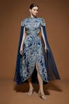 NIRRAAMYAA_Blue Crepe Rhinestones High Neck Designer Midi Dress With Belt _at_Aza_Fashions