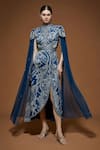 Buy_NIRRAAMYAA_Blue Crepe Rhinestones High Neck Designer Midi Dress With Belt _at_Aza_Fashions
