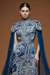 Buy_NIRRAAMYAA_Blue Crepe Rhinestones High Neck Designer Midi Dress With Belt 