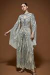 Shop_Nirraamyaa_Beige Crepe Rhinestones Keyhole Neck Embellished Gown With Belt _Online_at_Aza_Fashions