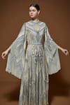 Nirraamyaa_Beige Crepe Rhinestones Keyhole Neck Embellished Gown With Belt _at_Aza_Fashions