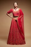 Shop_NIRRAAMYAA_Red Net, Crepe Rhinestones Round Neck Embroidered Lehenga Set _Online_at_Aza_Fashions