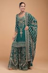 Nirraamyaa_Teal Georgette, Viscose, Crepe, Brocade Rhinestones Round Embroidered Kurta Set _at_Aza_Fashions