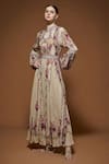 Nirraamyaa_Beige Rhinestones Keyhole Neck Floral Embroidered Gown With Belt _Online_at_Aza_Fashions