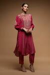 Nirraamyaa_Fuchsia Crepe, Bamboo Rhinestones Round Neck Embroidered Kurta Set _at_Aza_Fashions