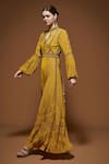 NIRRAAMYAA_Mustard Rhinestones Keyhole Neck Yellow Embroidered Gown With Belt _Online_at_Aza_Fashions