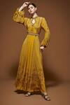 Buy_NIRRAAMYAA_Mustard Rhinestones Keyhole Neck Yellow Embroidered Gown With Belt _Online_at_Aza_Fashions