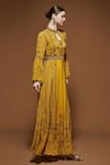 Shop_NIRRAAMYAA_Mustard Rhinestones Keyhole Neck Yellow Embroidered Gown With Belt _Online_at_Aza_Fashions