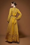 Shop_NIRRAAMYAA_Mustard Rhinestones Keyhole Neck Yellow Embroidered Gown With Belt _at_Aza_Fashions