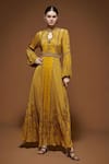 Buy_NIRRAAMYAA_Mustard Rhinestones Keyhole Neck Yellow Embroidered Gown With Belt _at_Aza_Fashions
