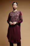 Shop_Nirraamyaa_Wine Crepe, Brocade Rhinestones Round Neck Embroidered Kurta Set _Online_at_Aza_Fashions