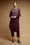 Nirraamyaa_Wine Crepe, Brocade Rhinestones Round Neck Embroidered Kurta Set _at_Aza_Fashions